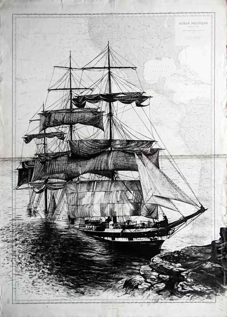 Cromdale - dessin contemporain de Franck Saïssi, encre de Chine sur carte marine