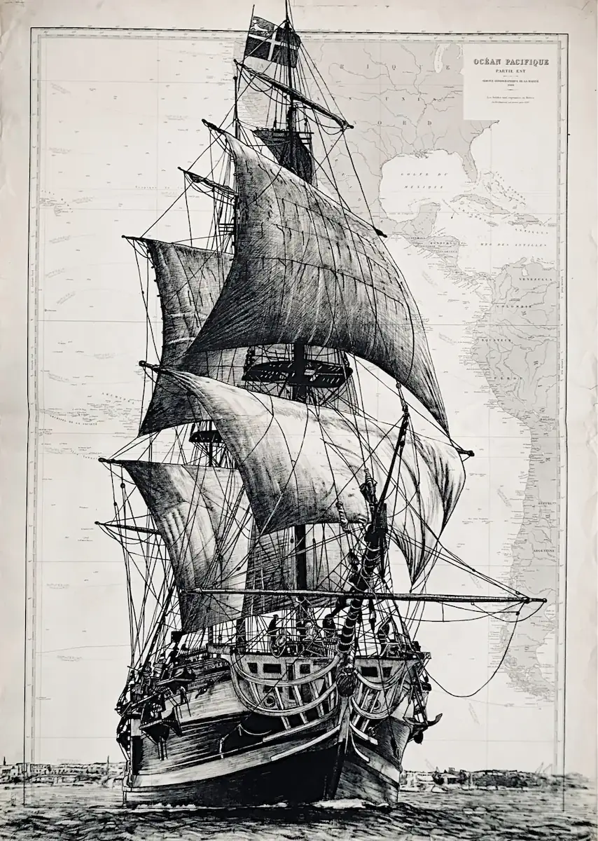 L’Étoile du Roy 2 - dessin contemporain de Franck Saïssi, encre de Chine sur carte marine
