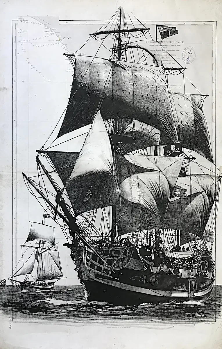 L’Étoile du Roy - dessin contemporain de Franck Saïssi, encre de Chine sur carte marine