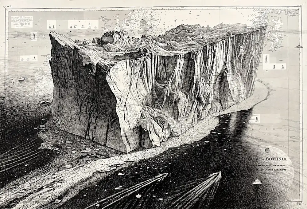 Iceberg - dessin contemporain de Franck Saïssi, encre de Chine sur carte marine