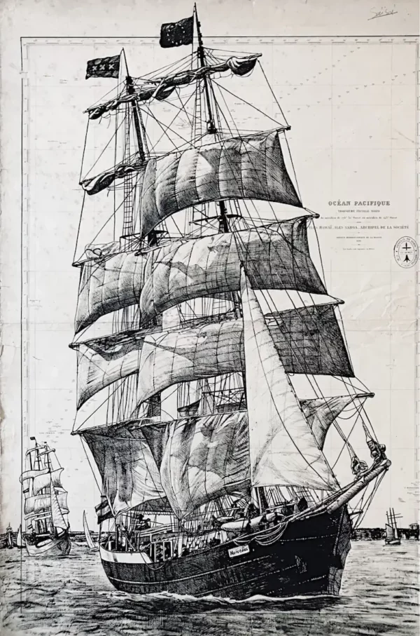 Le Mercedes - dessin contemporain de Franck Saïssi, encre de Chine sur carte marine