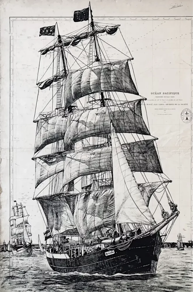 Le Mercedes - dessin contemporain de Franck Saïssi, encre de Chine sur carte marine