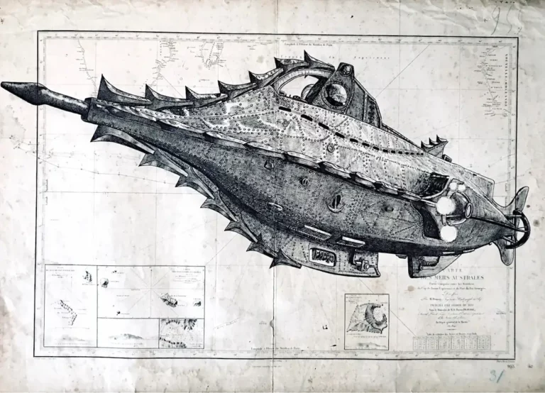 Le Nautilus - dessin contemporain de Franck Saïssi, encre de Chine sur carte marine