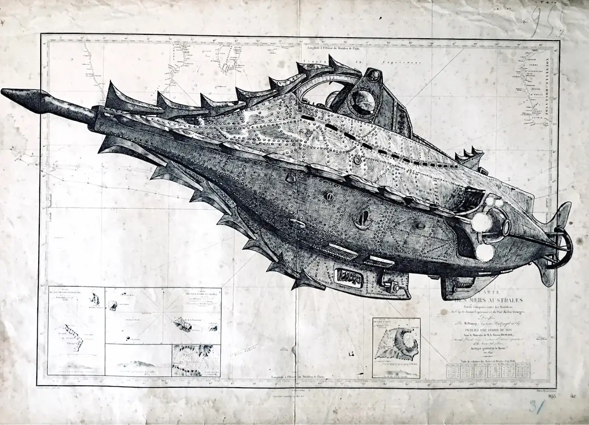 Le Nautilus - dessin contemporain de Franck Saïssi, encre de Chine sur carte marine