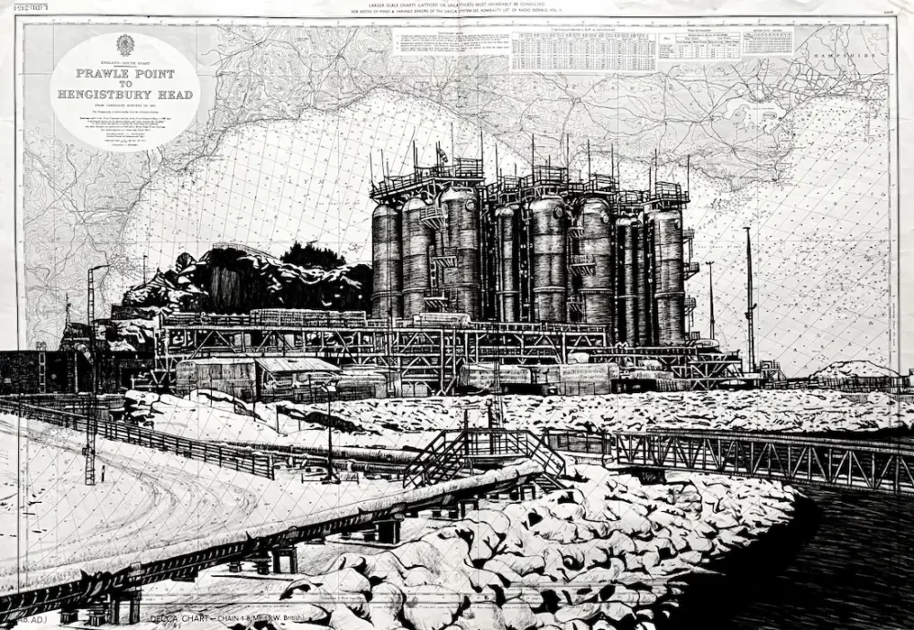 Northern Lights - dessin contemporain de Franck Saïssi, encre de Chine sur carte marine