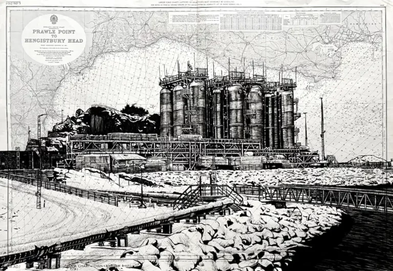Northern Lights - dessin contemporain de Franck Saïssi, encre de Chine sur carte marine