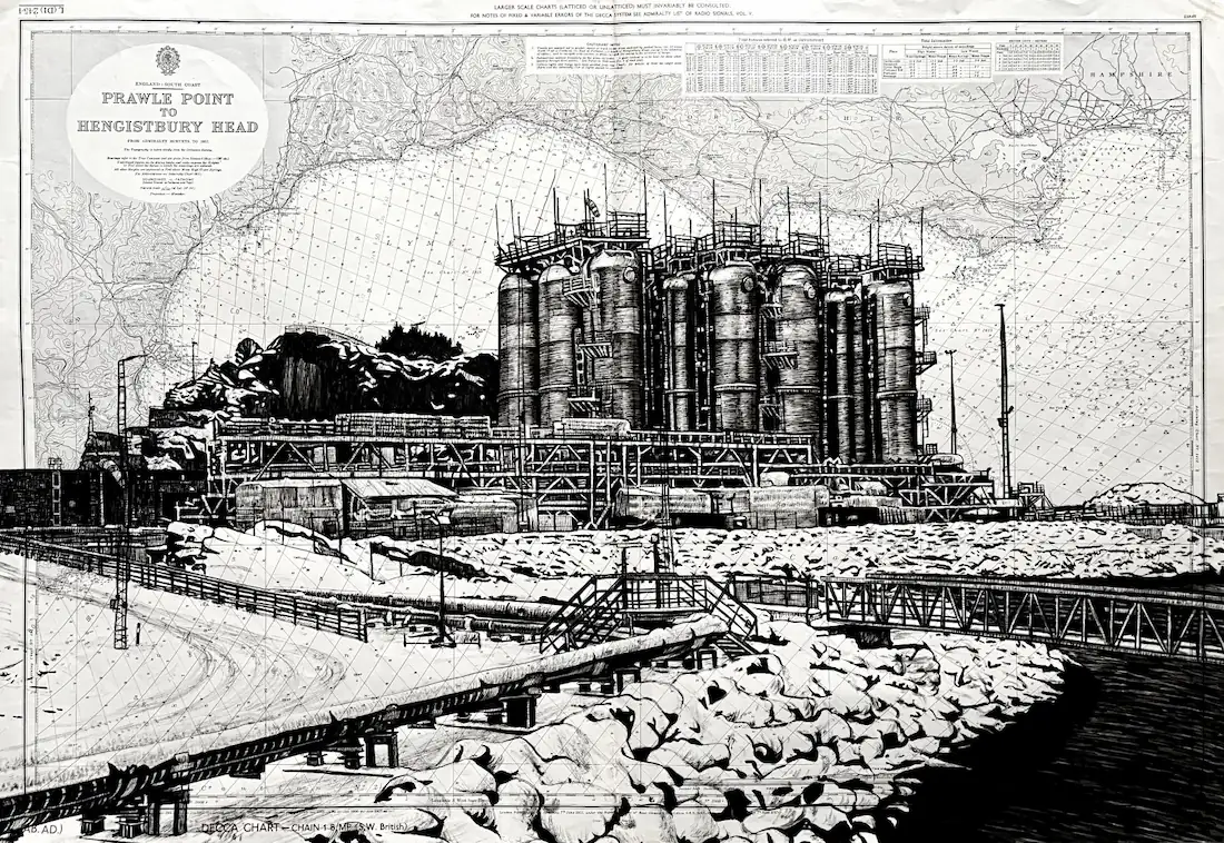 Northern Lights - dessin contemporain de Franck Saïssi, encre de Chine sur carte marine