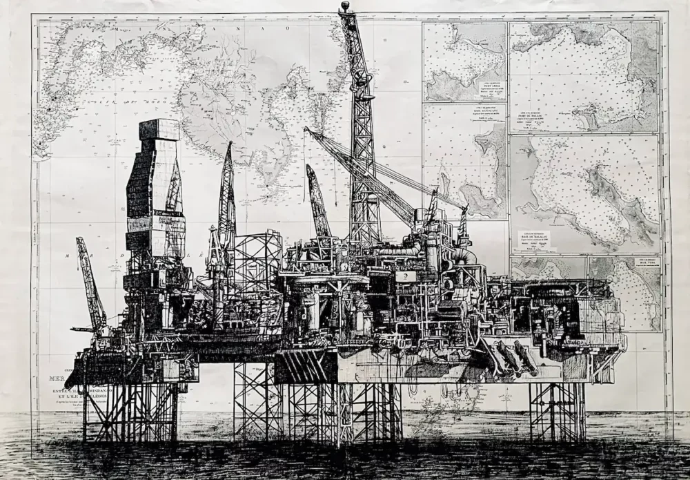 Plateforme - dessin contemporain de Franck Saïssi, encre de Chine sur carte marine