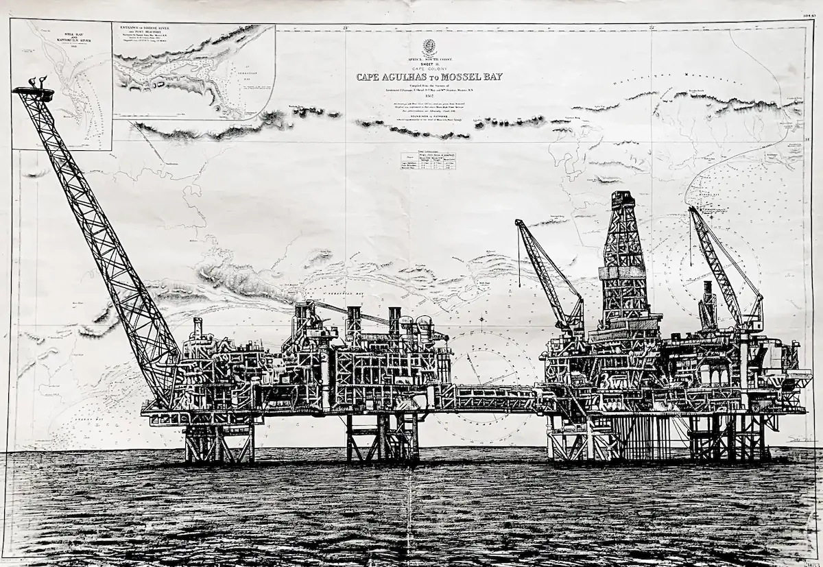 Plateforme offshore - dessin contemporain de Franck Saïssi, encre de Chine sur carte marine
