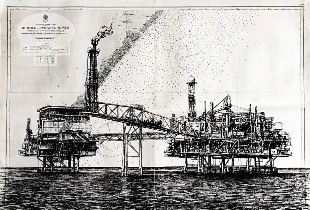 Plateforme pétrolière - dessin contemporain de Franck Saïssi, encre de Chine sur carte marine