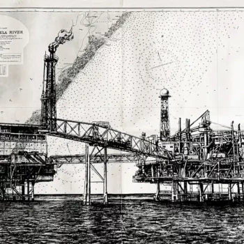 Plateforme pétrolière - dessin contemporain de Franck Saïssi, encre de Chine sur carte marine