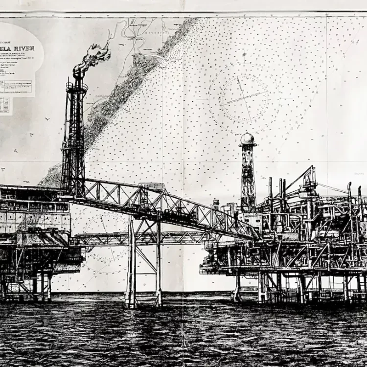 Plateforme pétrolière - dessin contemporain de Franck Saïssi, encre de Chine sur carte marine