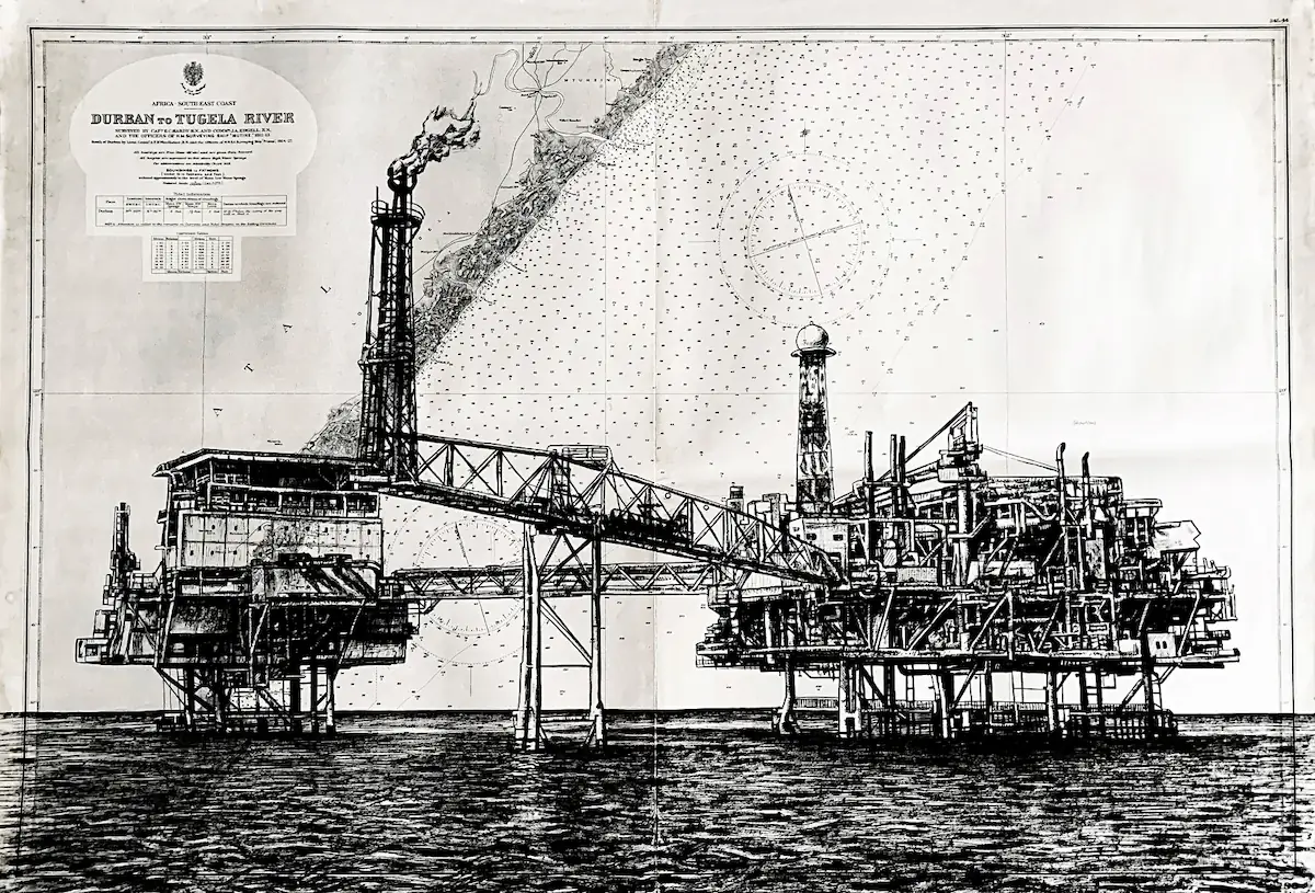 Plateforme pétrolière - dessin contemporain de Franck Saïssi, encre de Chine sur carte marine