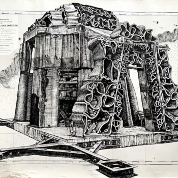 Récif artificiel - dessin contemporain de Franck Saïssi, encre de Chine sur carte marine