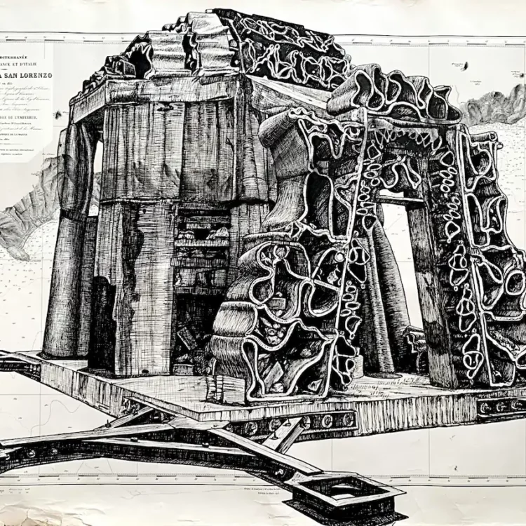 Récif artificiel - dessin contemporain de Franck Saïssi, encre de Chine sur carte marine