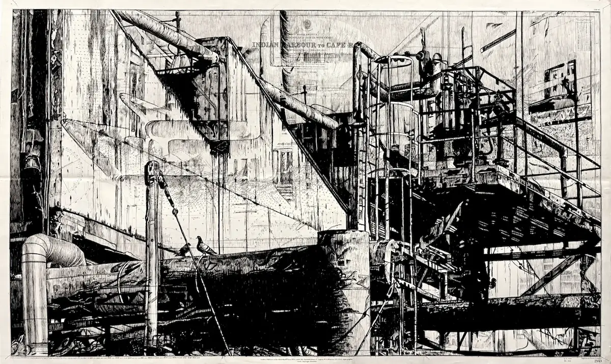 Indian Harbour, section III - dessin contemporain de Franck Saïssi, encre de Chine sur carte marine