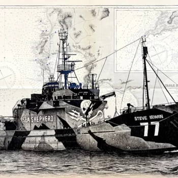 Steve Irwin - dessin contemporain de Franck Saïssi, encre de Chine sur carte marine