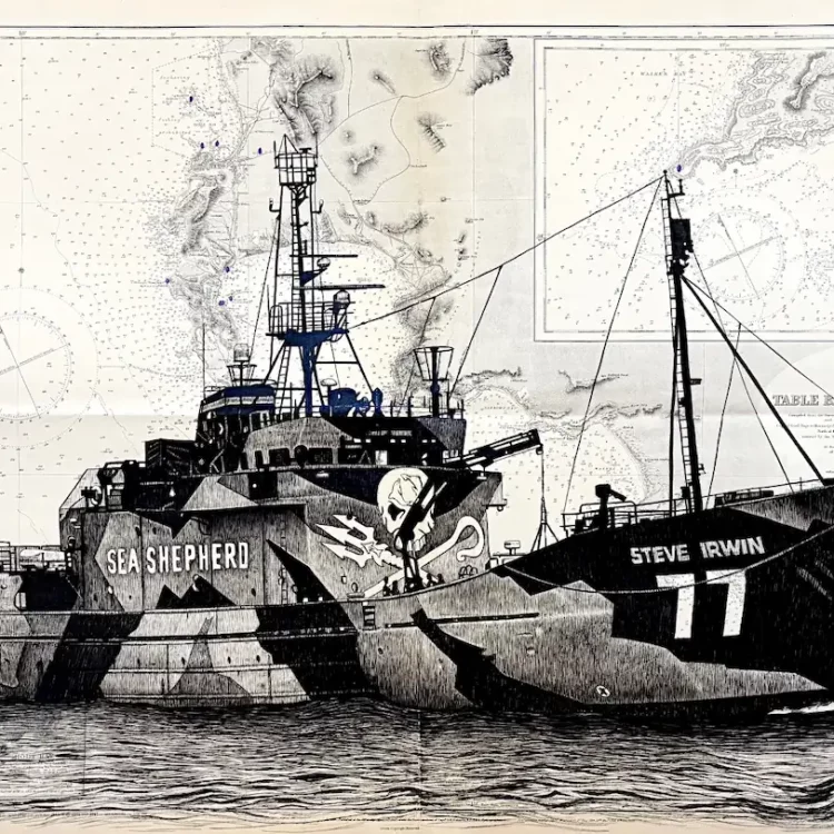 Steve Irwin - dessin contemporain de Franck Saïssi, encre de Chine sur carte marine