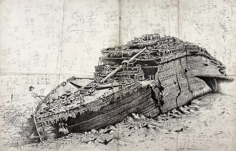 Le Titanic - dessin contemporain de Franck Saïssi, encre de Chine sur carte marine