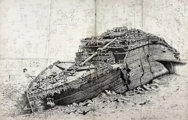 Le Titanic - dessin contemporain de Franck Saïssi, encre de Chine sur carte marine
