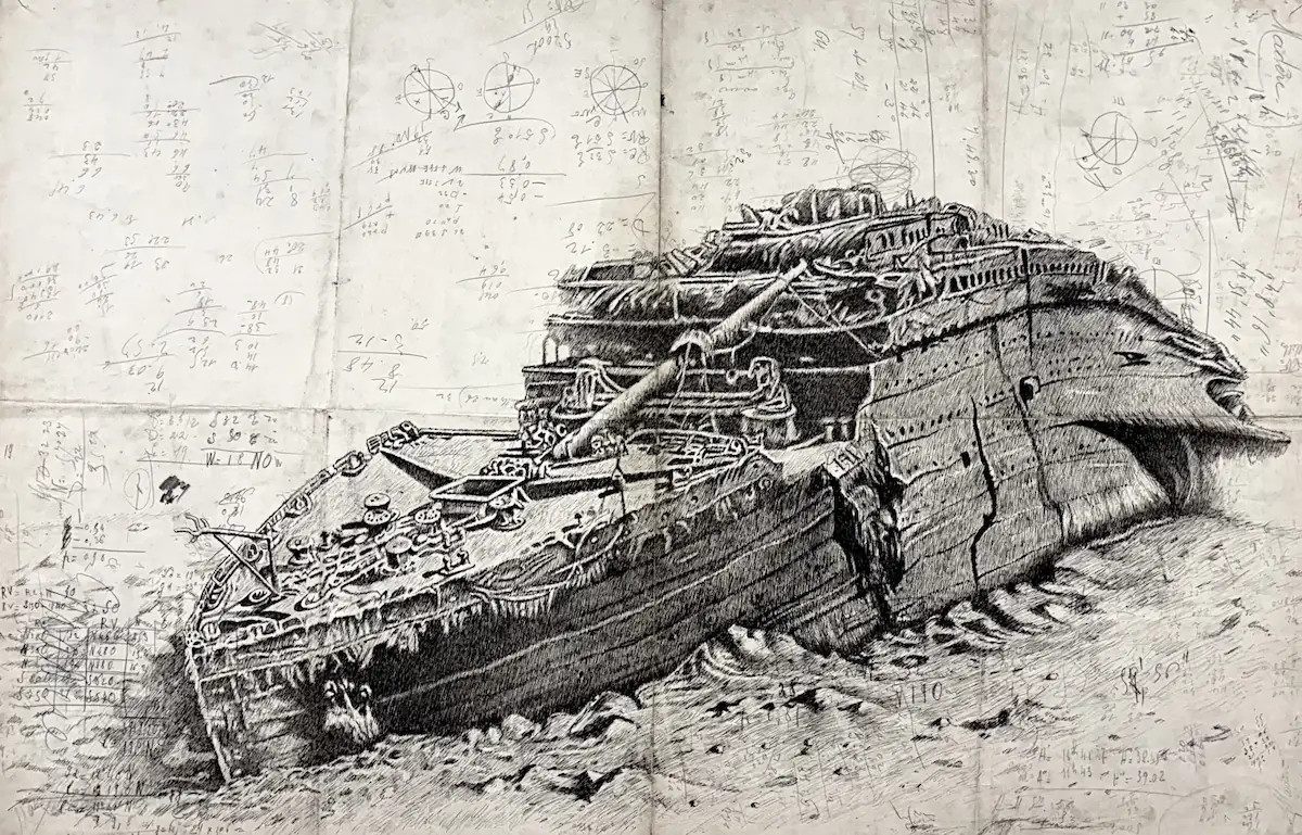Le Titanic - dessin contemporain de Franck Saïssi, encre de Chine sur carte marine