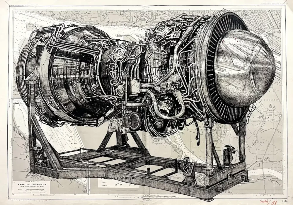 Turbine - dessin contemporain de Franck Saïssi, encre de Chine sur carte marine
