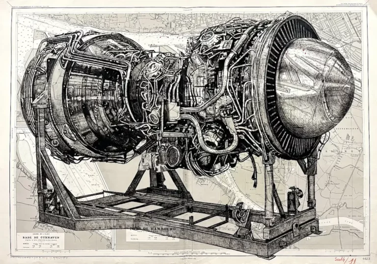 Vortex - dessin contemporain de Franck Saïssi, encre de Chine sur carte marine