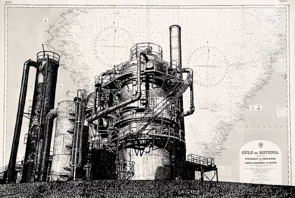 Usine - dessin contemporain de Franck Saïssi, encre de Chine sur carte marine