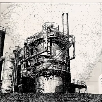 Usine - dessin contemporain de Franck Saïssi, encre de Chine sur carte marine