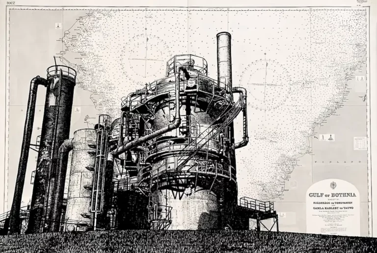 Usine - dessin contemporain de Franck Saïssi, encre de Chine sur carte marine