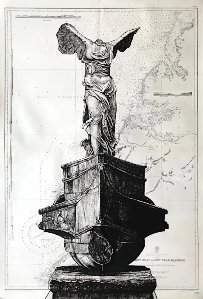 La Victoire de Samothrace - dessin contemporain de Franck Saïssi, encre de Chine sur carte marine