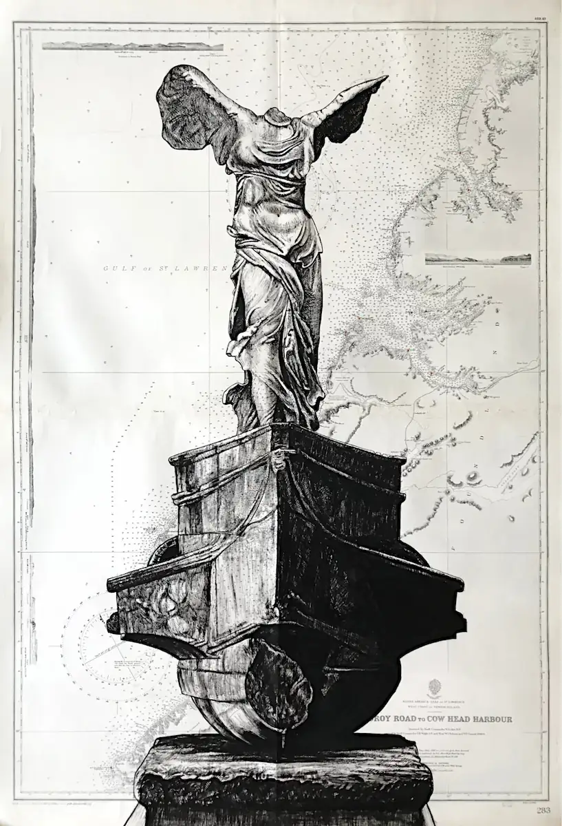 La Victoire de Samothrace - dessin contemporain de Franck Saïssi, encre de Chine sur carte marine