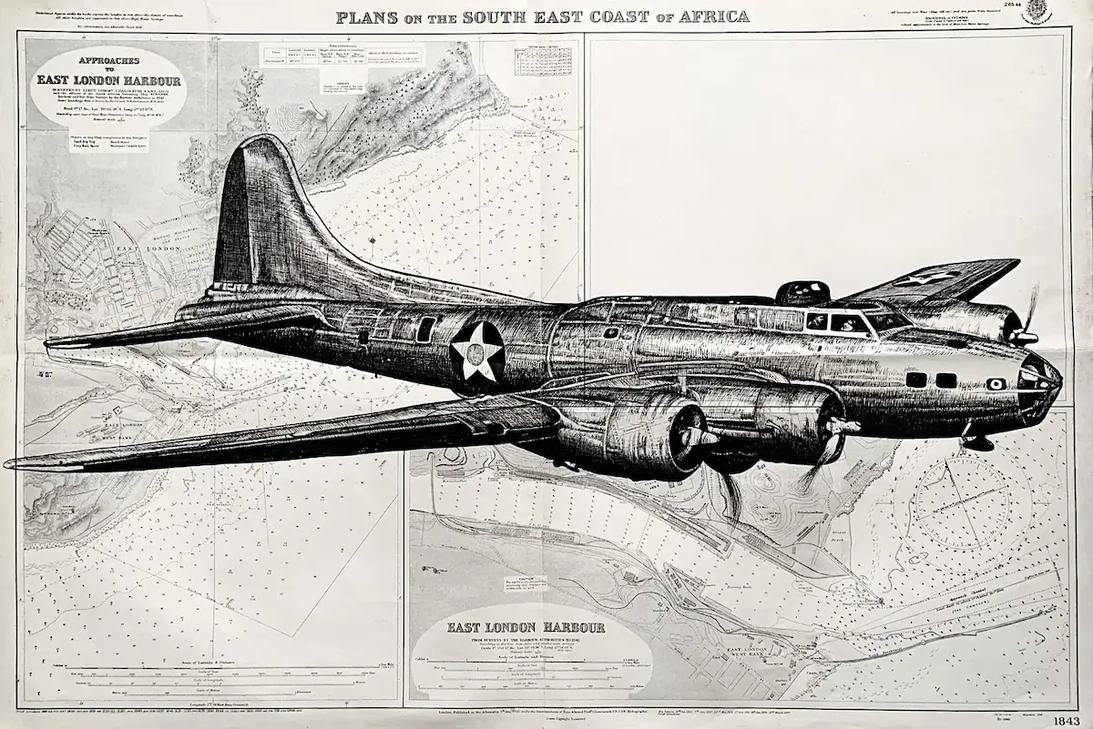 B-17 - dessin contemporain de Franck Saïssi, encre de Chine sur carte marine