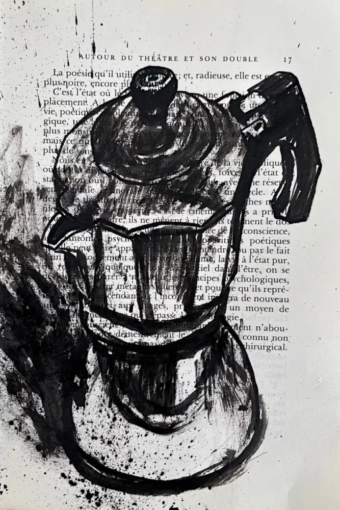 Moka, encre de Chine sur page de livre par Franck Saïssi