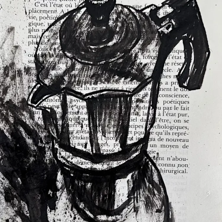 Moka, encre de Chine sur page de livre par Franck Saïssi