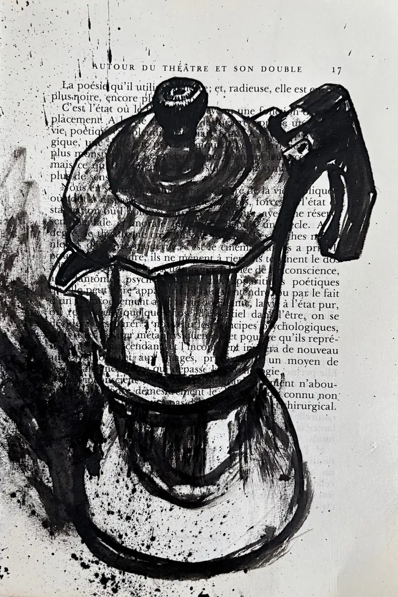 Moka, encre de Chine sur page de livre par Franck Saïssi