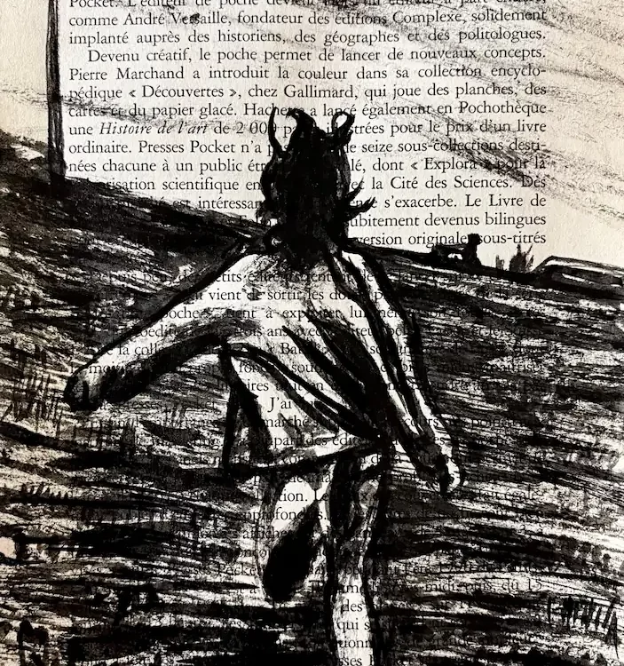 Liberté - dessin à l'encre de Chine sur page de livre par Franck Saïssi, série Fables d'ombres