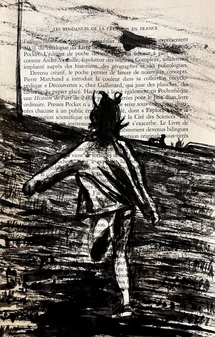 Liberté - dessin à l'encre de Chine sur page de livre par Franck Saïssi, série Fables d'ombres