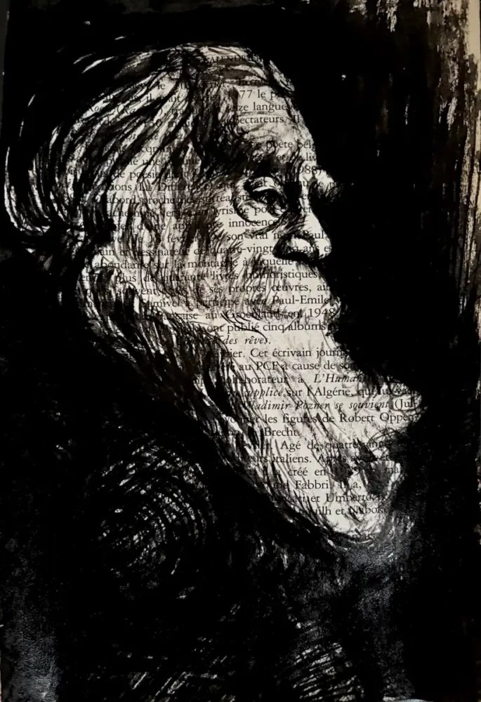 Vieillard - dessin à l'encre de Chine sur page de livre par Franck Saïssi, série Portraits mentaux