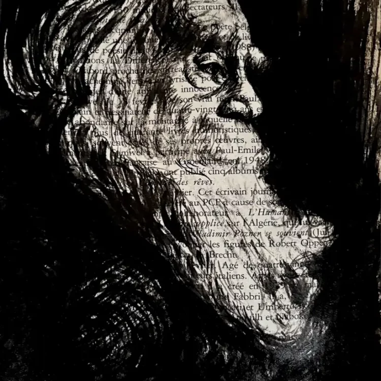 Vieillard - dessin à l'encre de Chine sur page de livre par Franck Saïssi, série Portraits mentaux