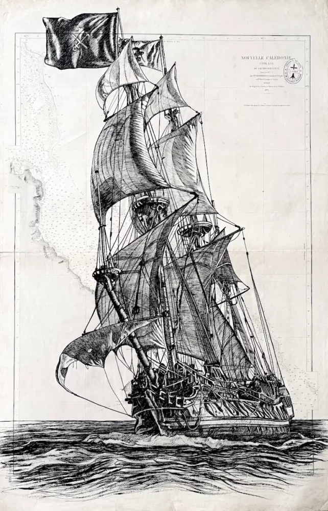 Le Shtandart, encre de Chine sur carte marine, Franck Saïssi