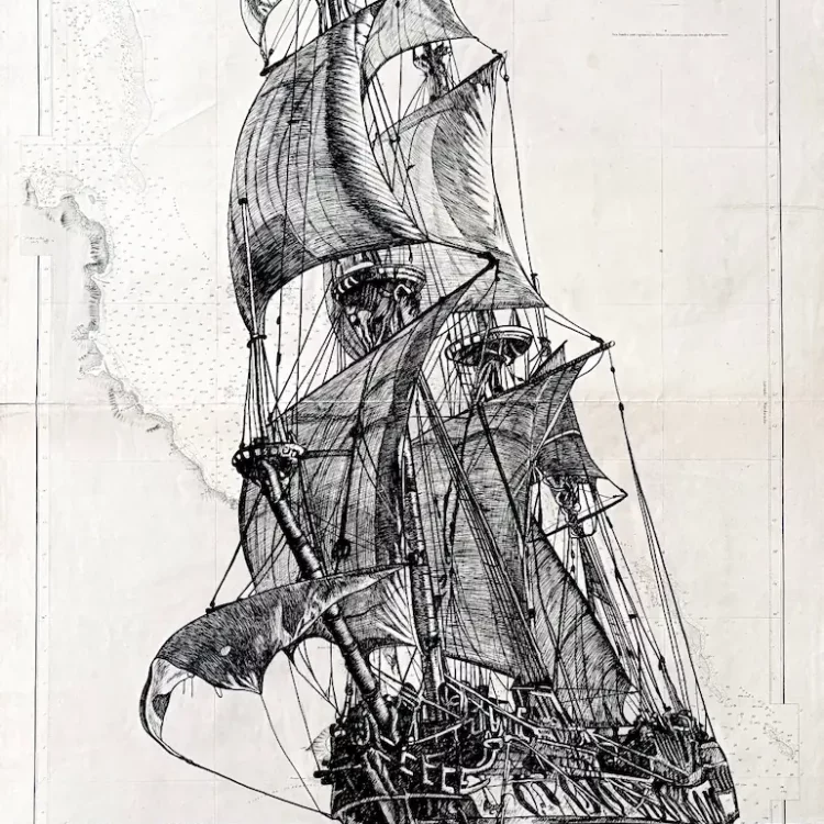 Le Shtandart, encre de Chine sur carte marine, Franck Saïssi