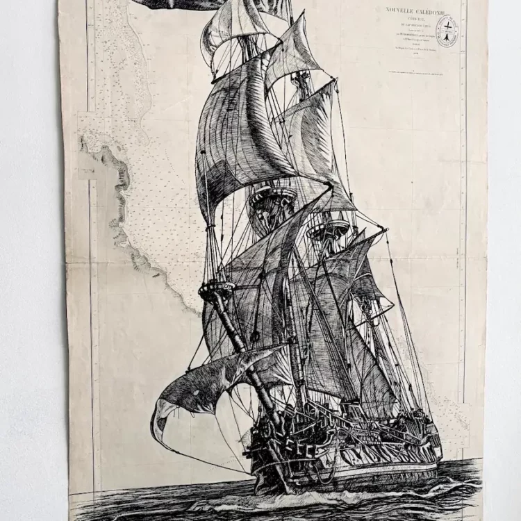 Le Shtandart, vue de côté, encre de Chine sur carte marine, Franck Saïssi