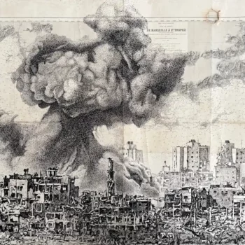 Sous le vent noir, encre de Chine sur carte marine, par Franck Saïssi