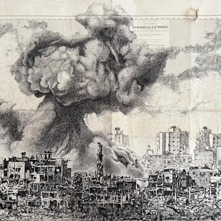 Sous le vent noir, encre de Chine sur carte marine, par Franck Saïssi