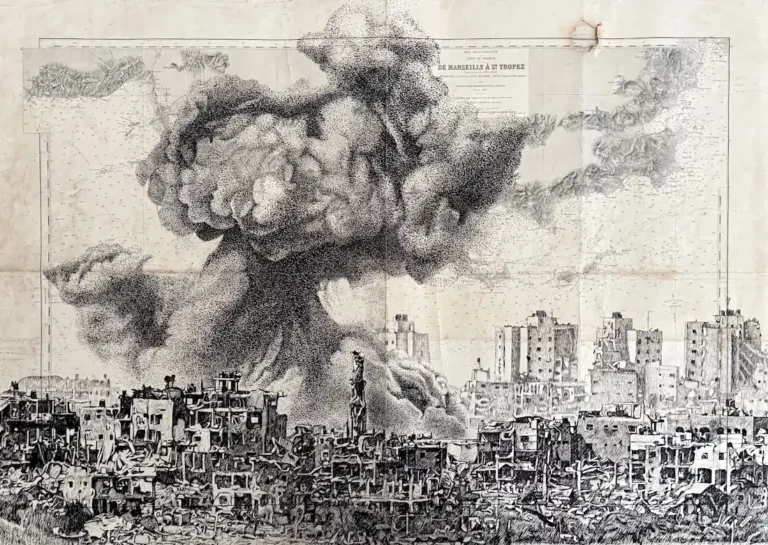 Sous le vent noir, encre de Chine sur carte marine, par Franck Saïssi