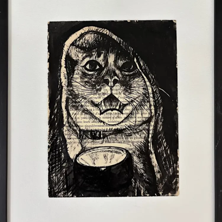 Le veilleur, dessin à l'encre de Chine sur page de livre, encadré - Franck Saïssi