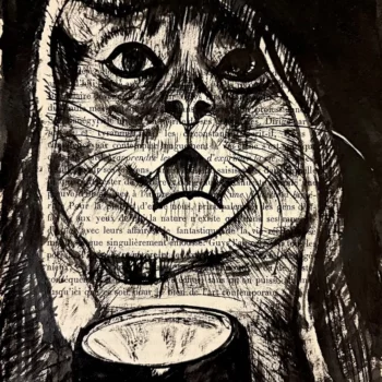 Le veilleur, chat dans la nuit, encre de Chine sur page de livre, Franck Saïssi