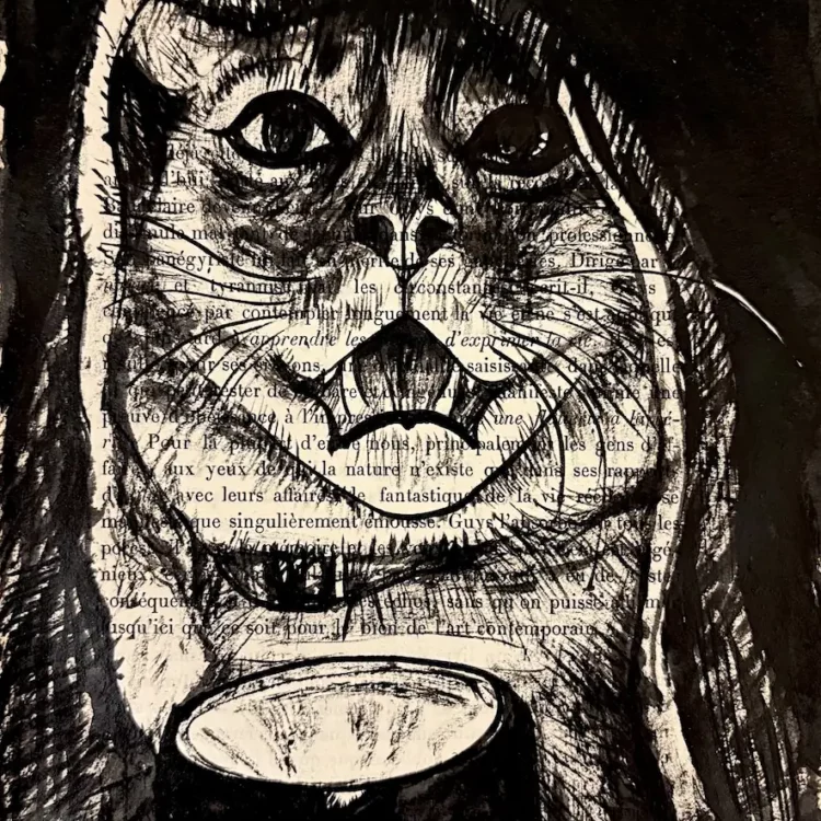 Le veilleur, chat dans la nuit, encre de Chine sur page de livre, Franck Saïssi