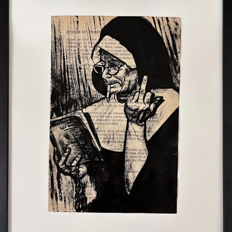 Dévotion, cadre, encre de Chine sur page de livre, store de Franck Saïssi